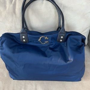C Wonder Navy Nylon Waterproof L Tote Shoulder Bag Brown Faux  Leather Handle